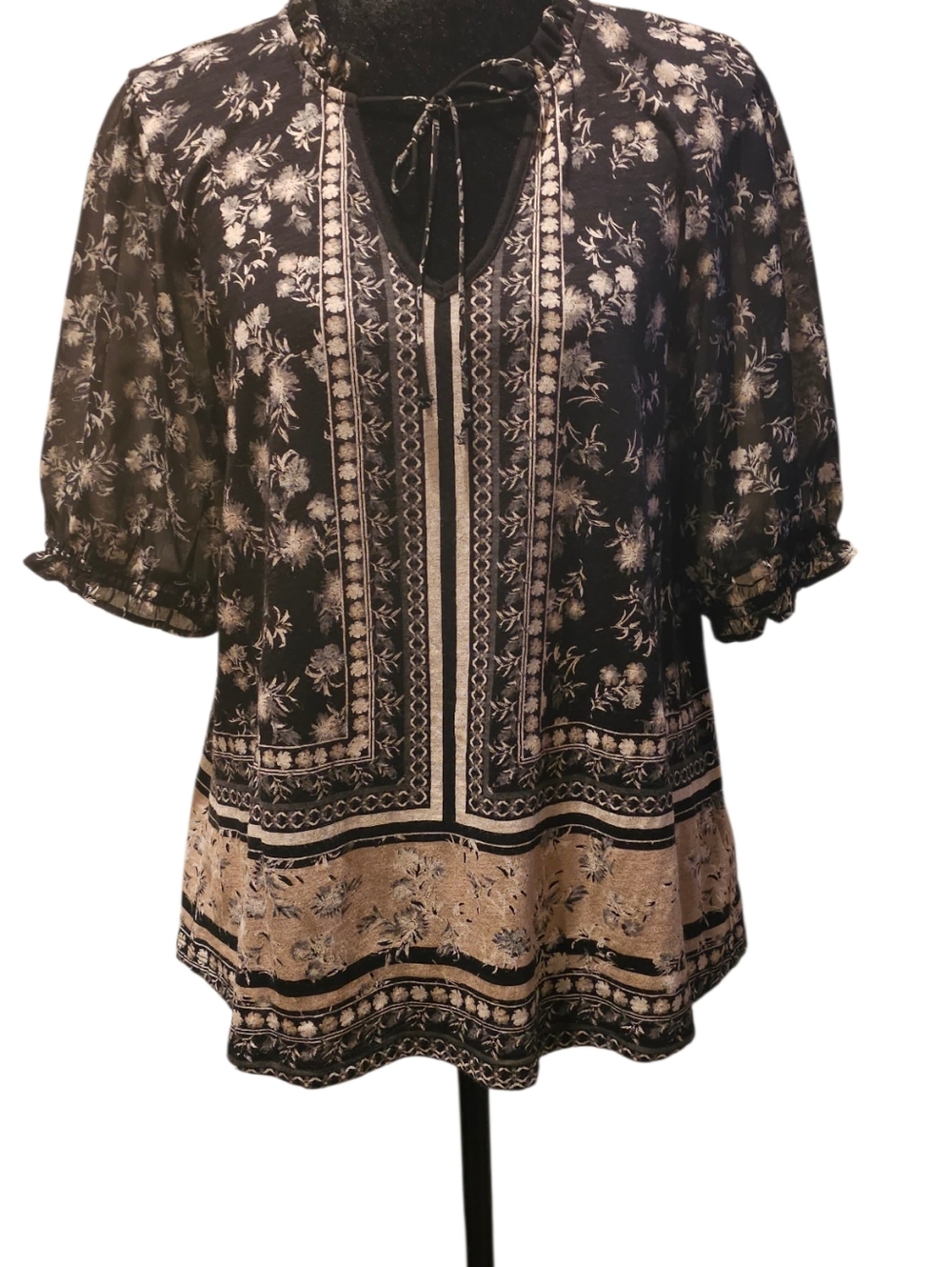 Lucky Brand Black and Cream Floral Tie-Detail Tunic